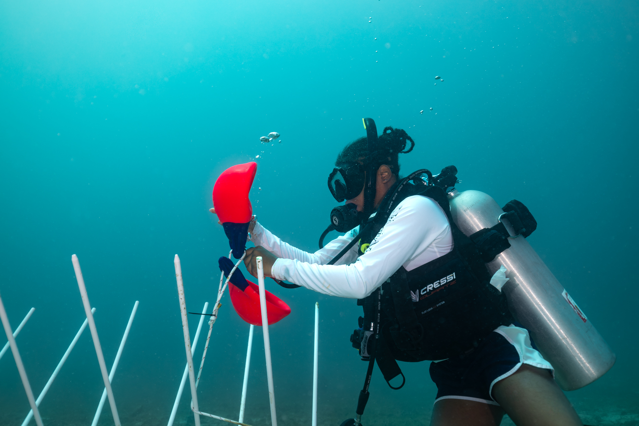 To get a coral tree to float, YOE participants inflate small buoys which provide lift to the tree. Photo: Dan Mele